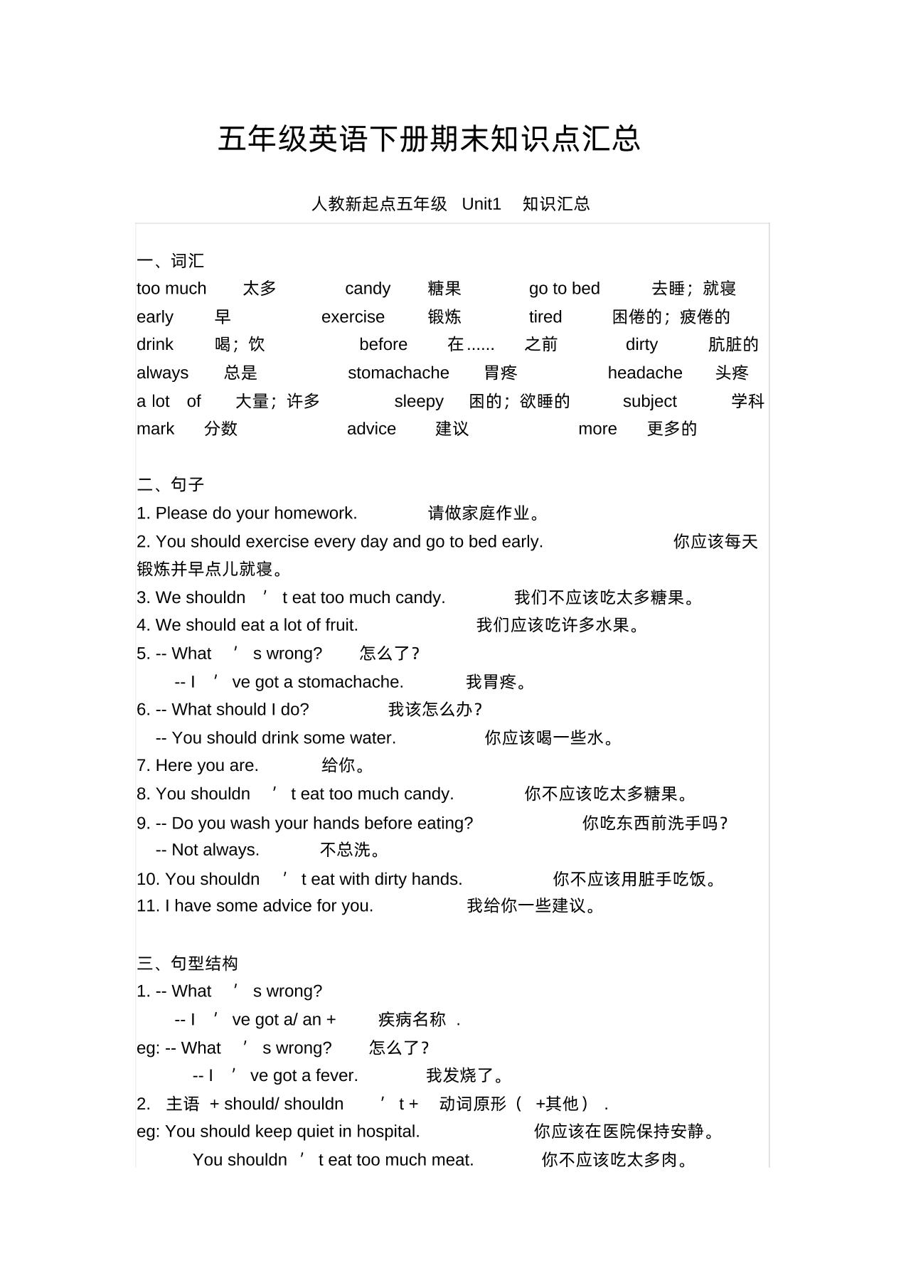 五下人教版一起点英语【期末知识清单汇总】-独家科技资源网
