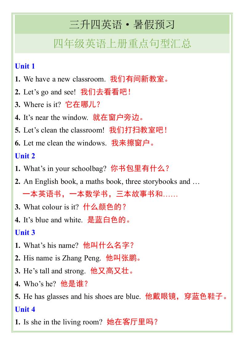 三升四英语暑假预习——四年级英语上册重点句型汇总-四上英语-独家科技资源网