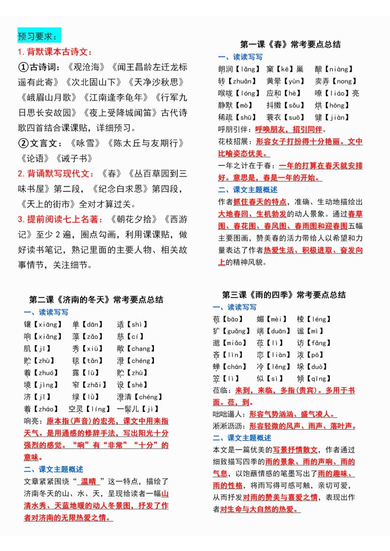 七年级上语文课课贴-独家科技资源网