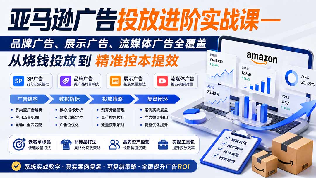 亚马逊广告投放进阶实战课——品牌广告、展示广告、流媒体广告全覆盖，从烧钱投放到精准控本提效-独家科技资源网