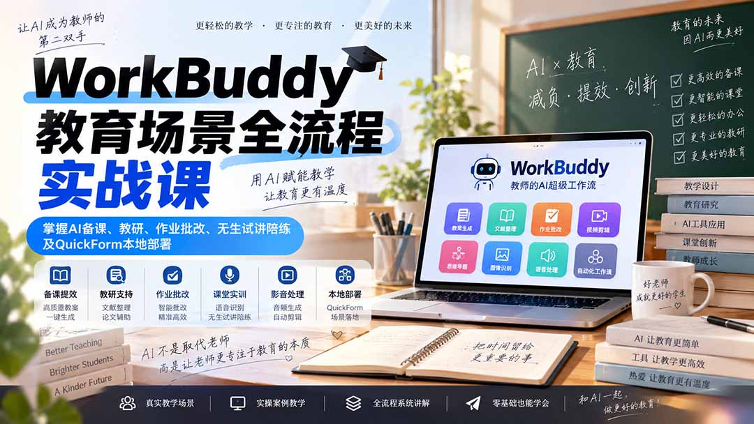 WorkBuddy教育场景全流程实战课：掌握AI备课、教研、作业批改、无生试讲陪练及QuickForm本地部署-独家科技资源网