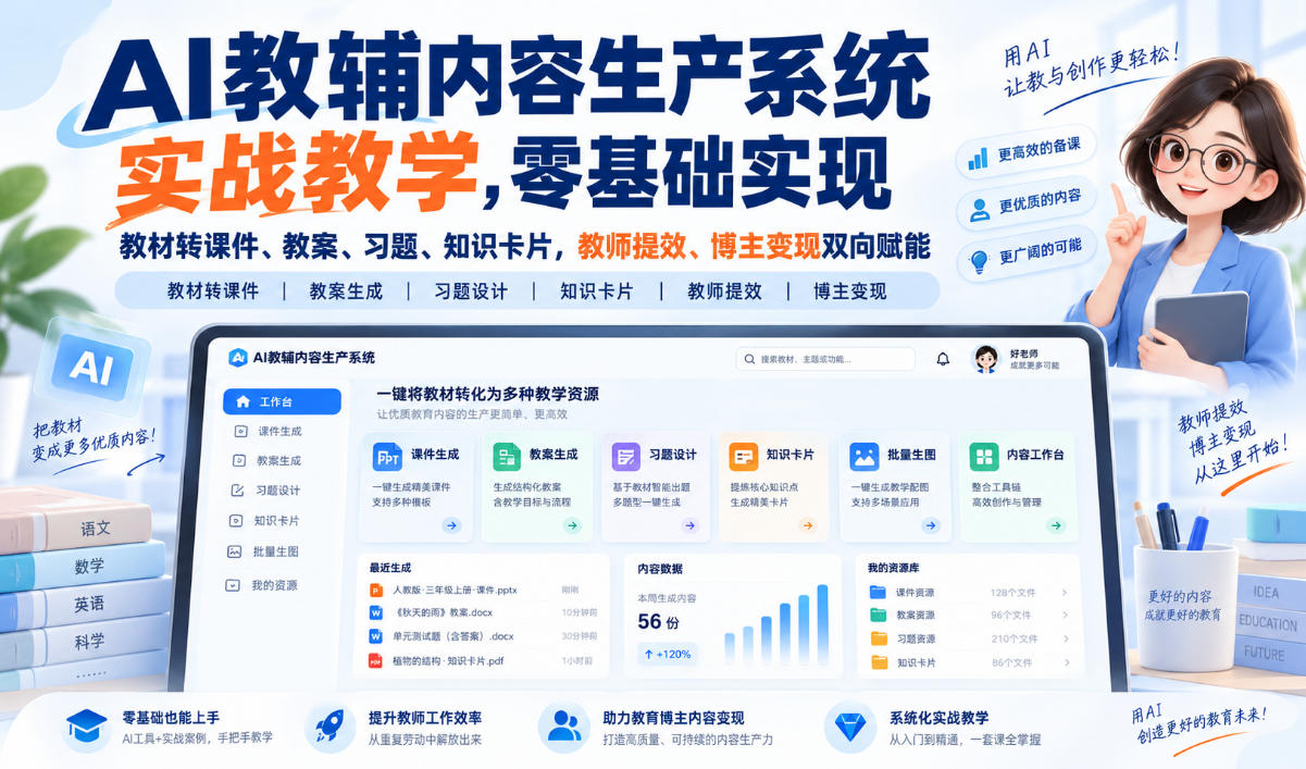 AI教辅内容生产系统实战教学，零基础实现教材转课件、教案、习题、知识卡片，教师提效、博主变现双向赋能-独家科技资源网