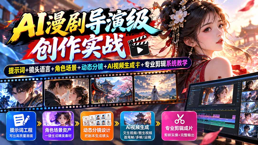 AI漫剧导演级创作实战:提示词+镜头语言+角色场景+动态分镜+AI视频生成+专业剪辑系统教学-独家科技资源网