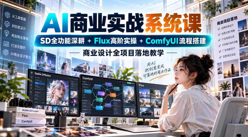 AI商业实战系统课|SD全功能深耕+Flux高阶实操+Comfyui流程搭建,商业设计全项目落地教学-独家科技资源网