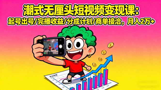 潮式无厘头短视频变现课：起号出号/完播收益/分成计划/商单接洽，月入2万+-独家科技资源网
