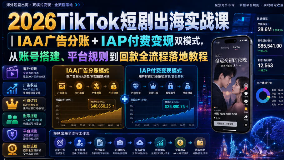 2026TikTok短剧出海实战课｜IAA广告分账+IAP付费变现双模式，从账号搭建、平台规则到回款全流程落地教程-独家科技资源网