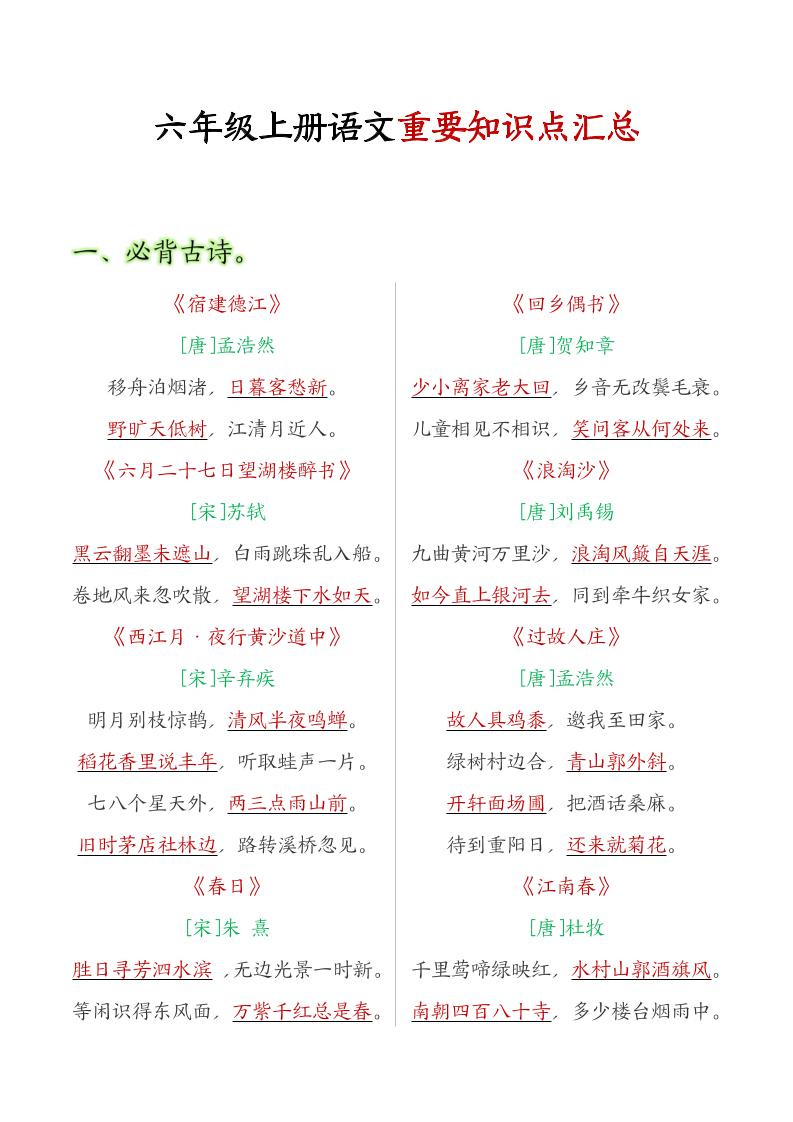 六年级语文上册全册重点知识点汇总-独家科技资源网