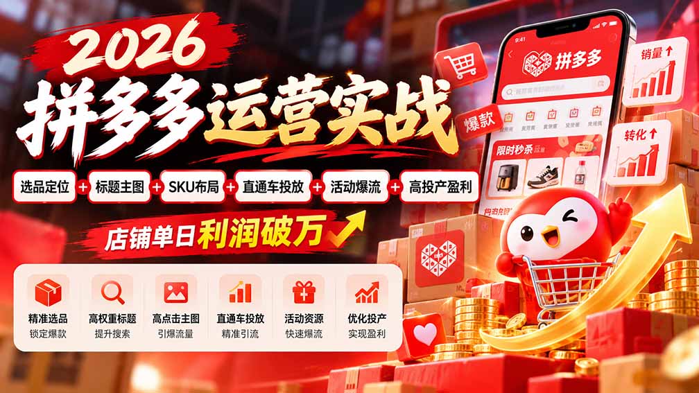 2026拼多多运营实战-更新1002:选品定位+标题主图+SKU布局+直通车投放+活动爆流+高投产盈利 店铺单日利润破万-独家科技资源网