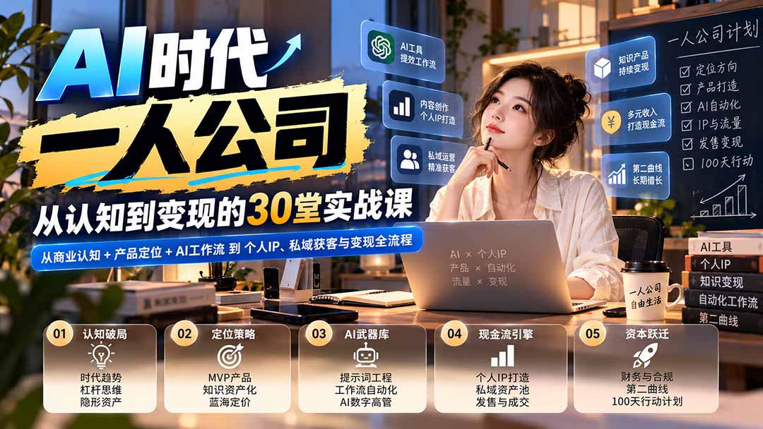 【无水印】AI时代一人公司30堂实战课：从商业认知+产品定位+AI工作流到个人IP、私域获客与变现全流程-独家科技资源网