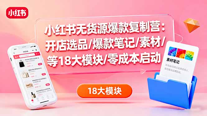 小红书无货源爆款复制营：开店选品/爆款笔记/素材/等18大模块/零成本启动-独家科技资源网