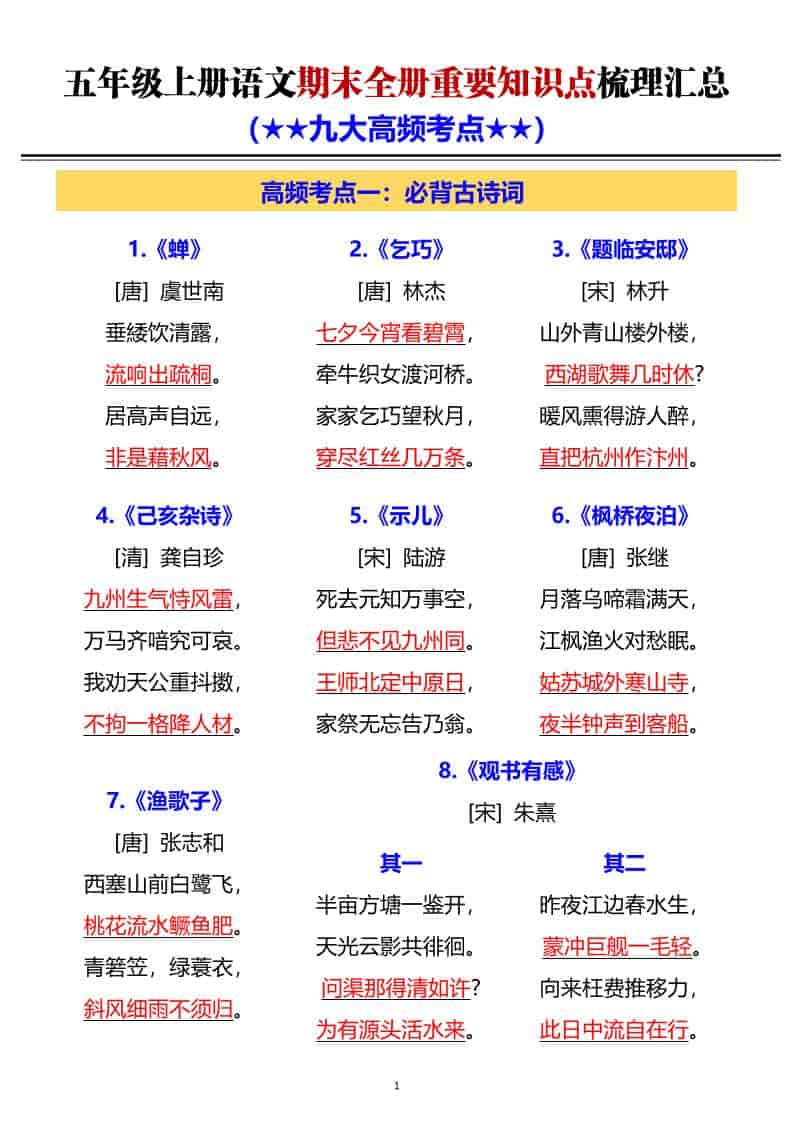 G五年级上册语文期末全册重要知识点梳理汇总-独家科技资源网