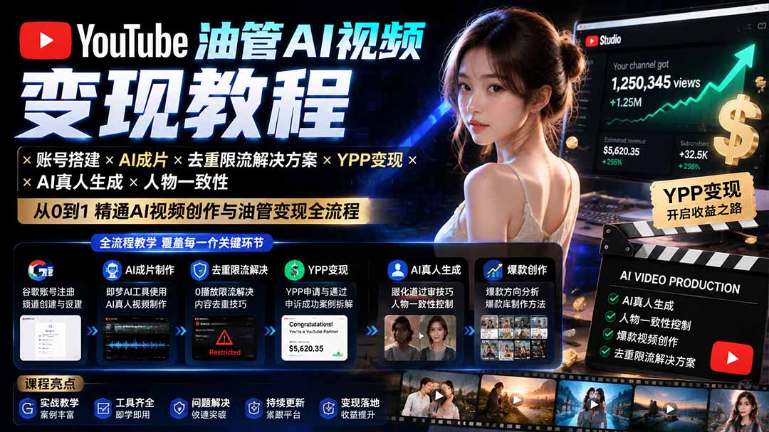 YouTube油管AI视频变现教程：账号搭建×AI成片×去重限流解决方案×YPP变现×AI真人生成×人物一致性-独家科技资源网